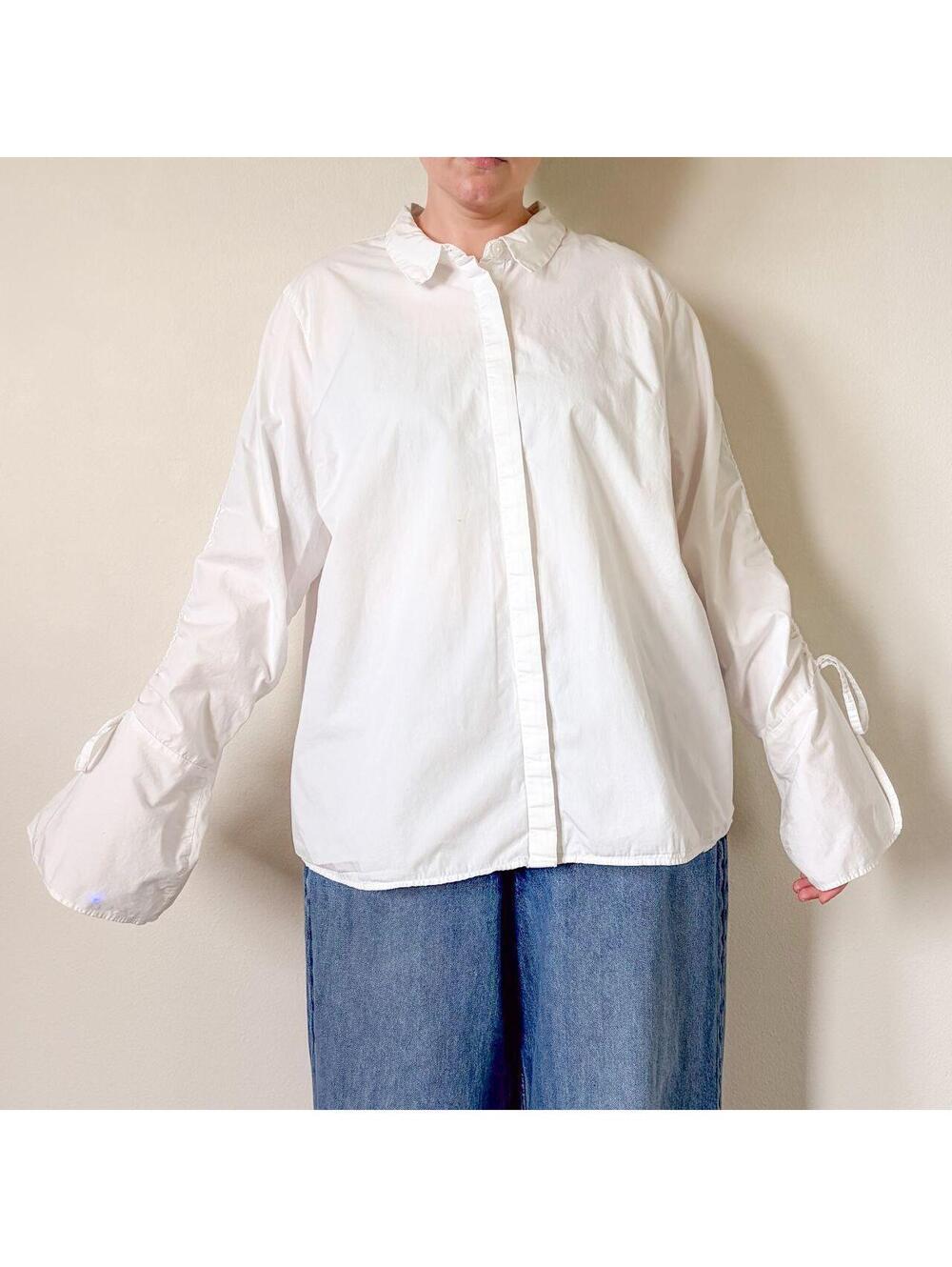 White Button Up Long Sleeve Top Bell Sleeves Ties